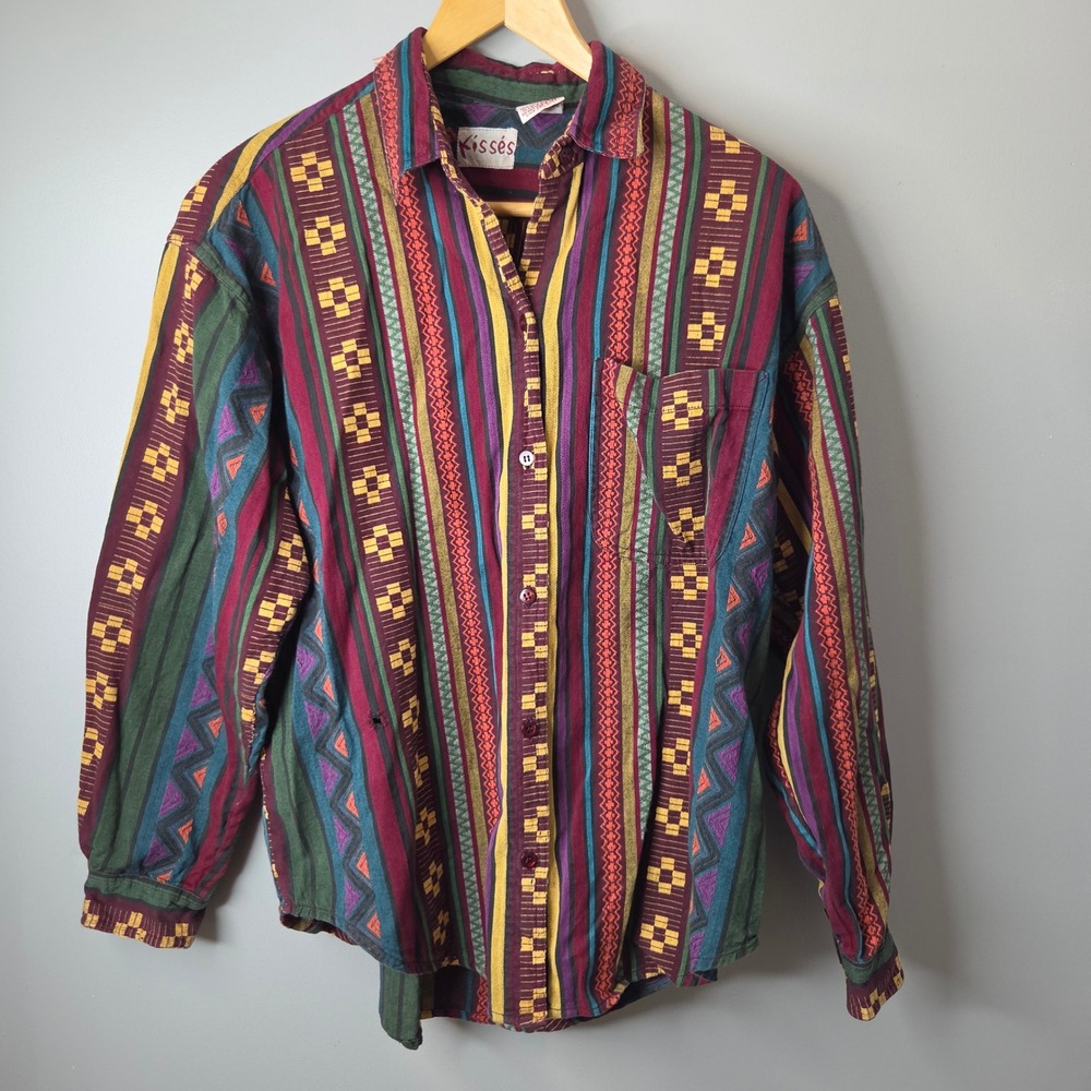 Vtg Kisses Southwestern Tribal Stripe Cotton Button Down Shirt Mens Medium READ*